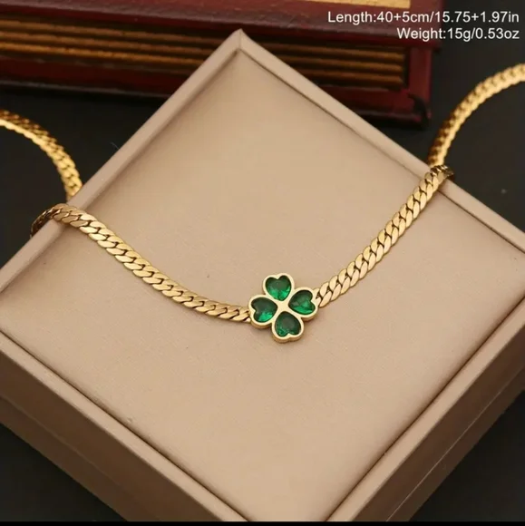 Green Heart Flower Stainless Steel Chain Necklace For Women. - Picture 2 of 6